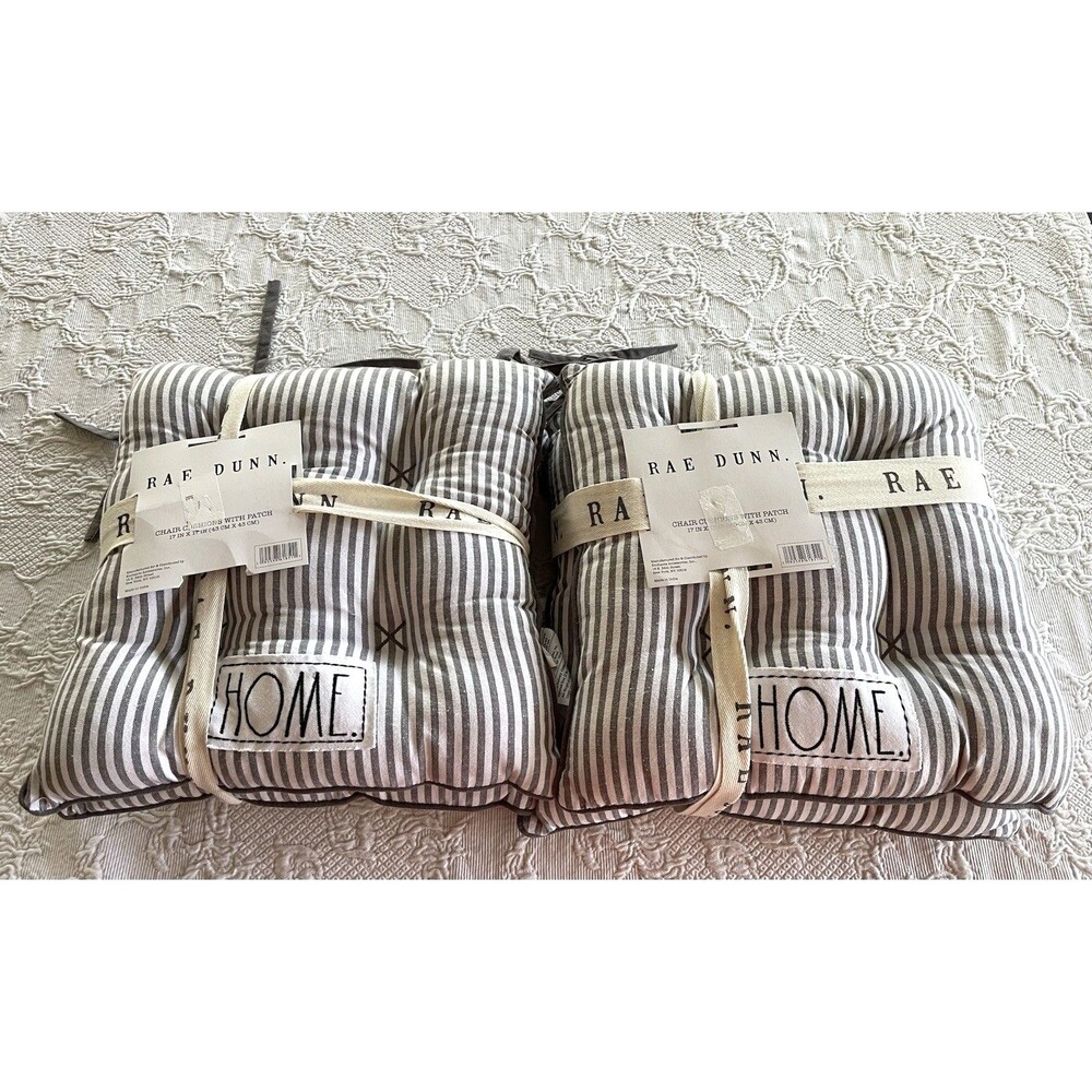 Rae Dunn Chair Cushions w Ties "HOME" Tufted Stripe Ticking Pattern Set of 4 NEW